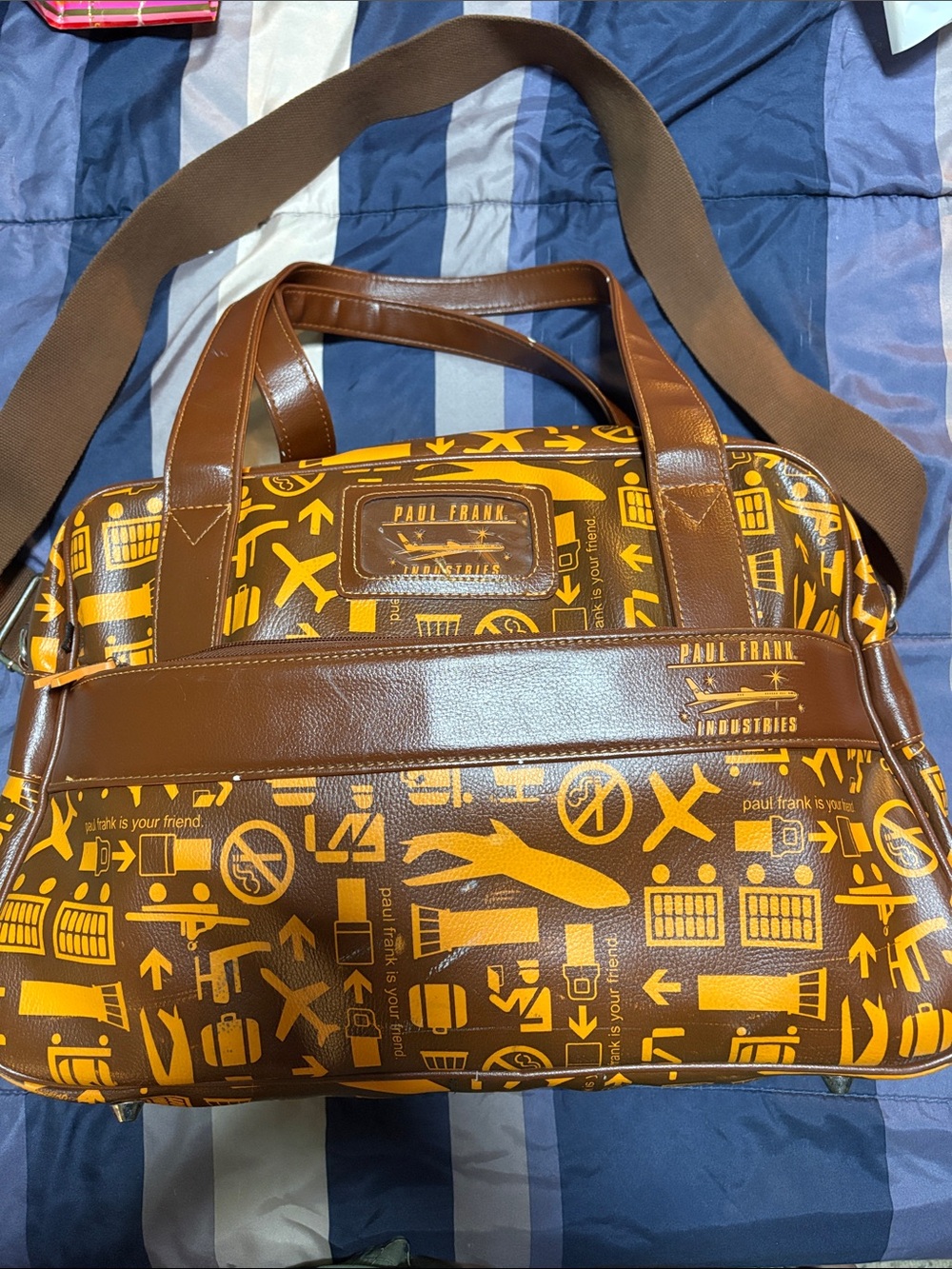 Paul Frank Brown and Yellow Travel Duffel with Aviation Print